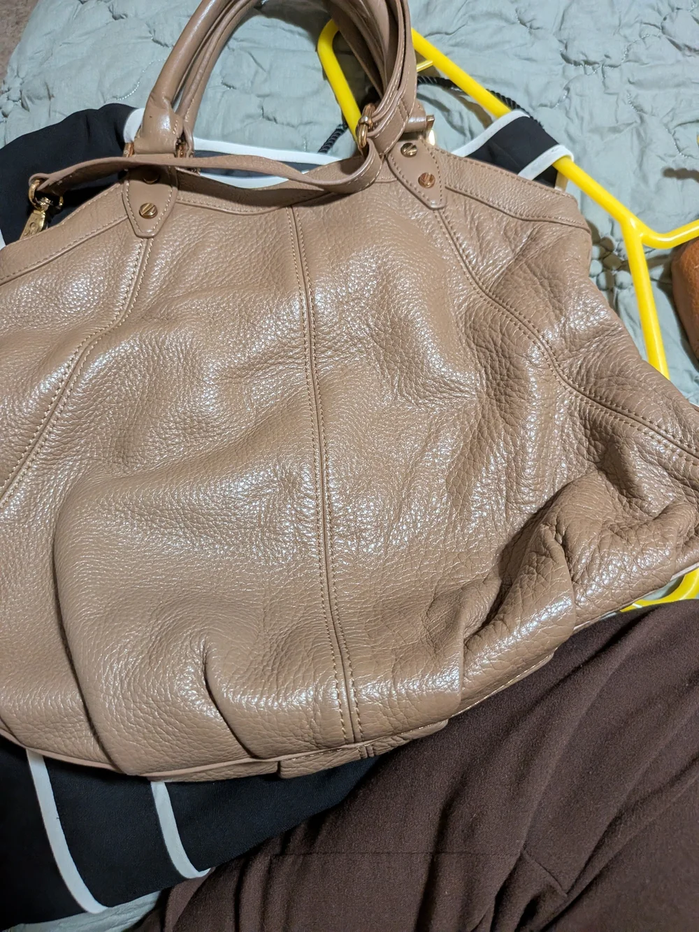 Tory Burch Pebbled Taupe Leather Hobo with Gold Logo